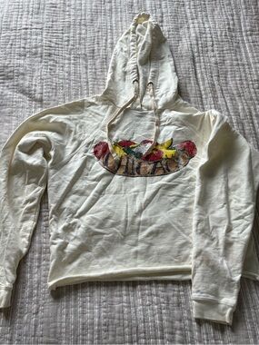 Cream Graphic Hoodie Sweatshirt with Chicago Hot Dog Design